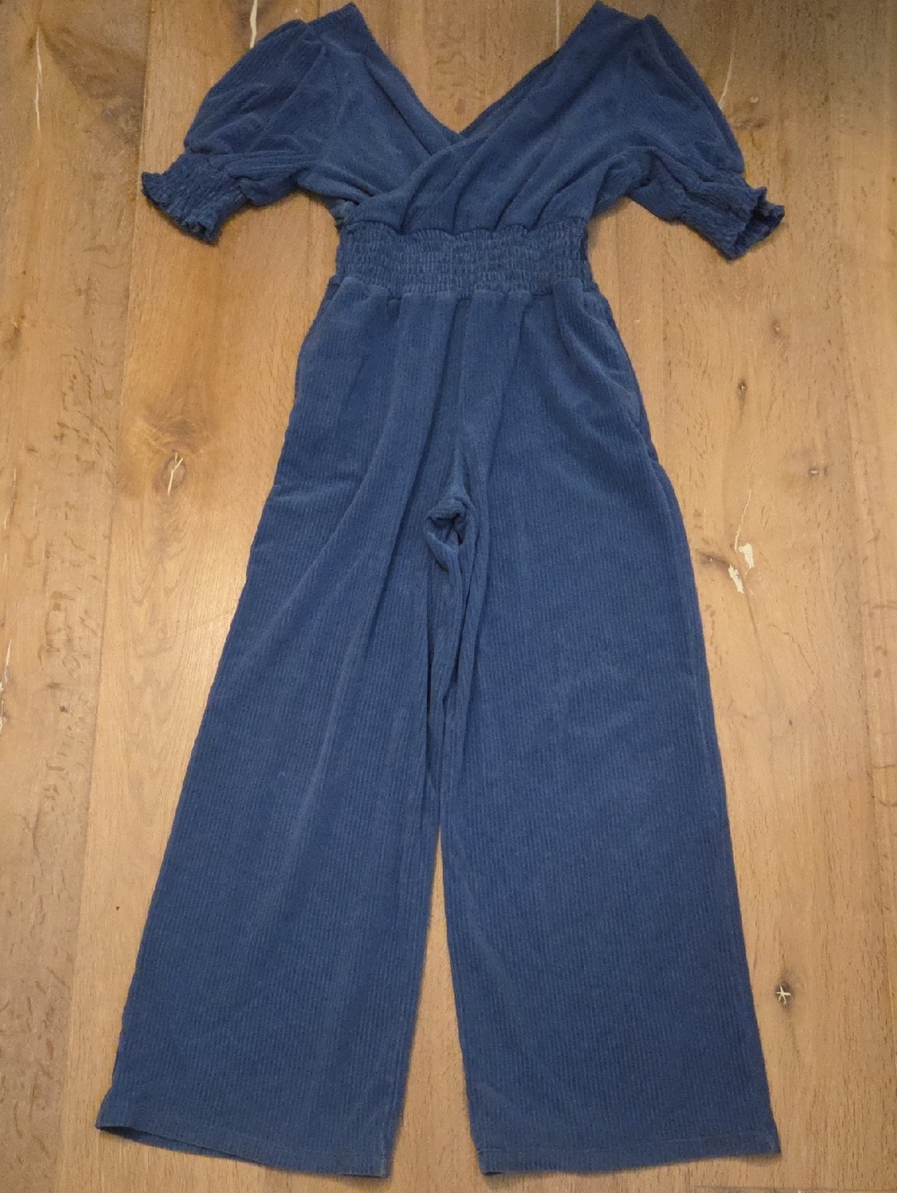 Tea Collection Blue Ribbed Jumpsuit Puff Sleeve Side Pockets 14